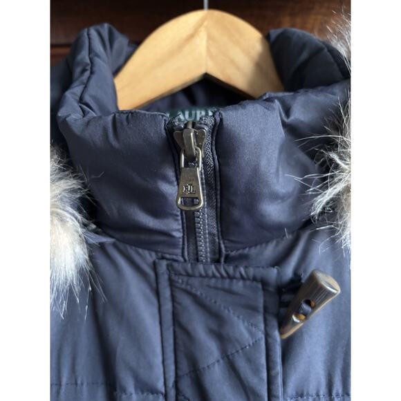 Lauren Ralph Lauren S Down Coat Jacket Navy Puffer Toggles Faux Fur Hood - Picture 3 of 9